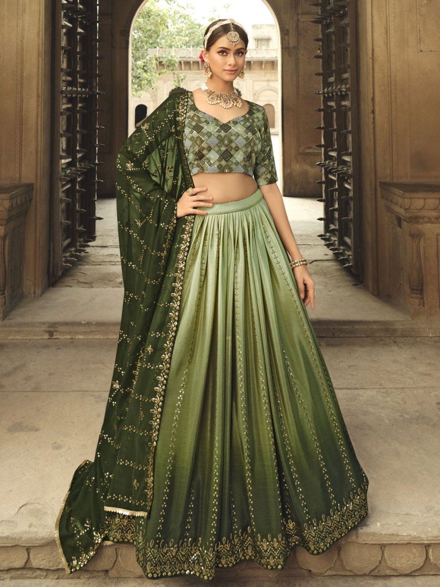 Pista Green and Olive Green Silk Embroidered Lehenga Choli Clothsvilla