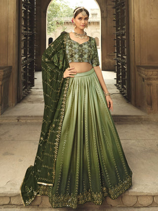 Pista Green and Olive Green Silk Embroidered Lehenga Choli Clothsvilla