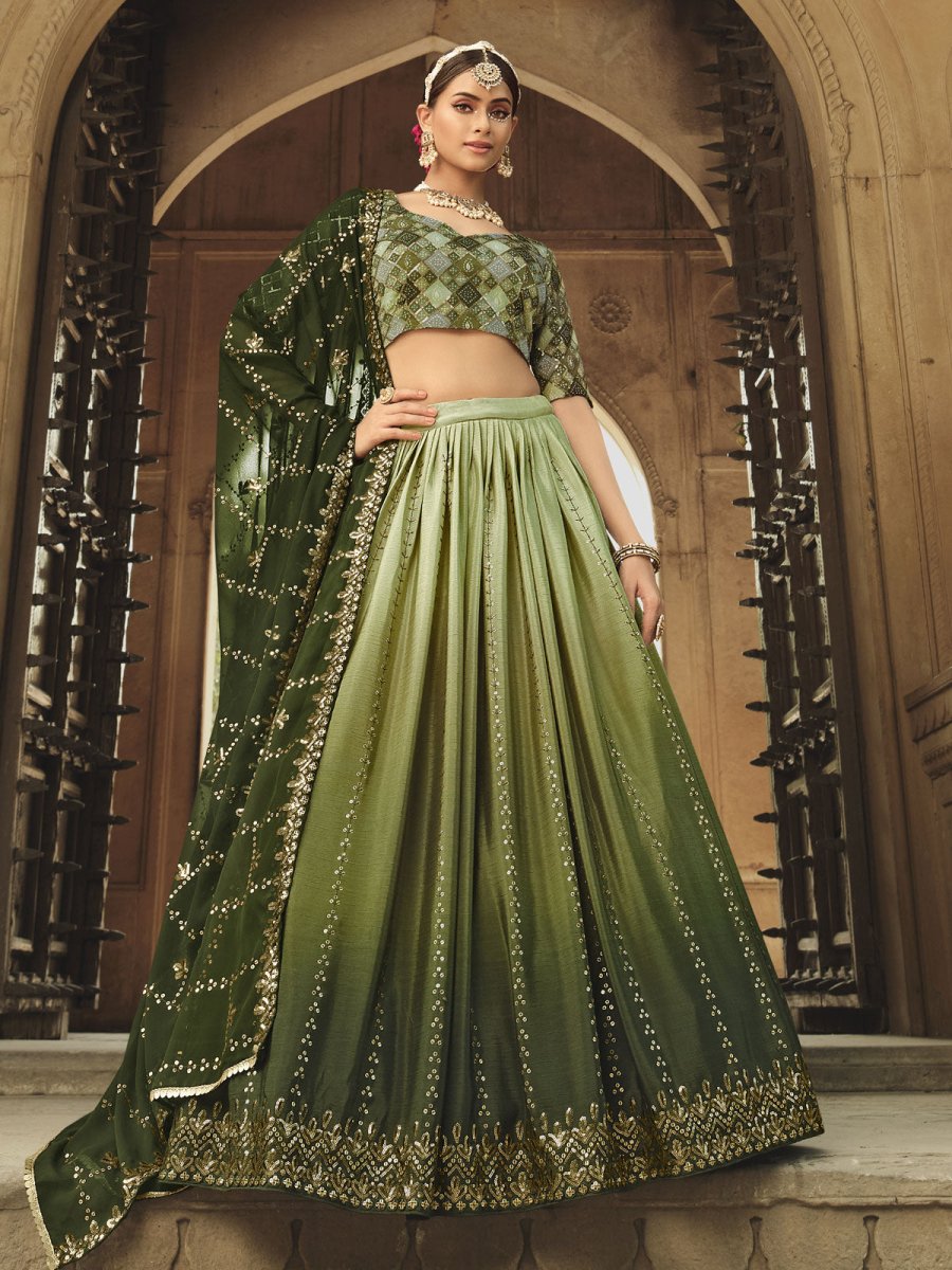 Pista Green and Olive Green Silk Embroidered Lehenga Choli Clothsvilla