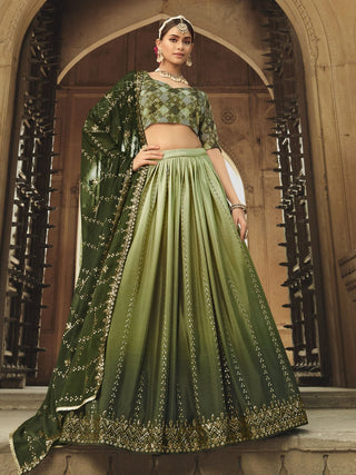 Pista Green and Olive Green Silk Embroidered Lehenga Choli Clothsvilla
