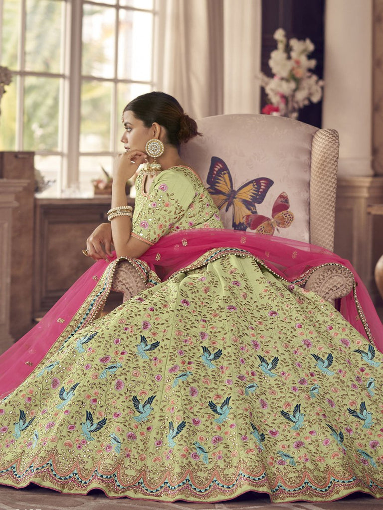 Pista Green Satin Silk Lehenga Choli with over all Floral Resham work |  Fancy sarees, Saree designs, Party wear sarees