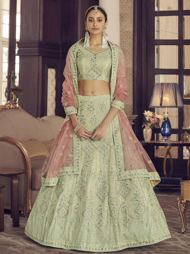 Pista Green Crepe Designer Lehenga Choli Clothsvilla
