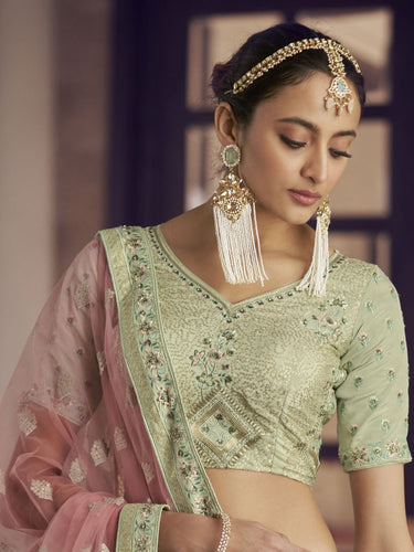 Pista Green Crepe Designer Lehenga Choli Clothsvilla