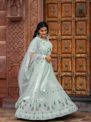 Pista Color Lucknowi Work Georgette Lehenga Choli Clothsvilla