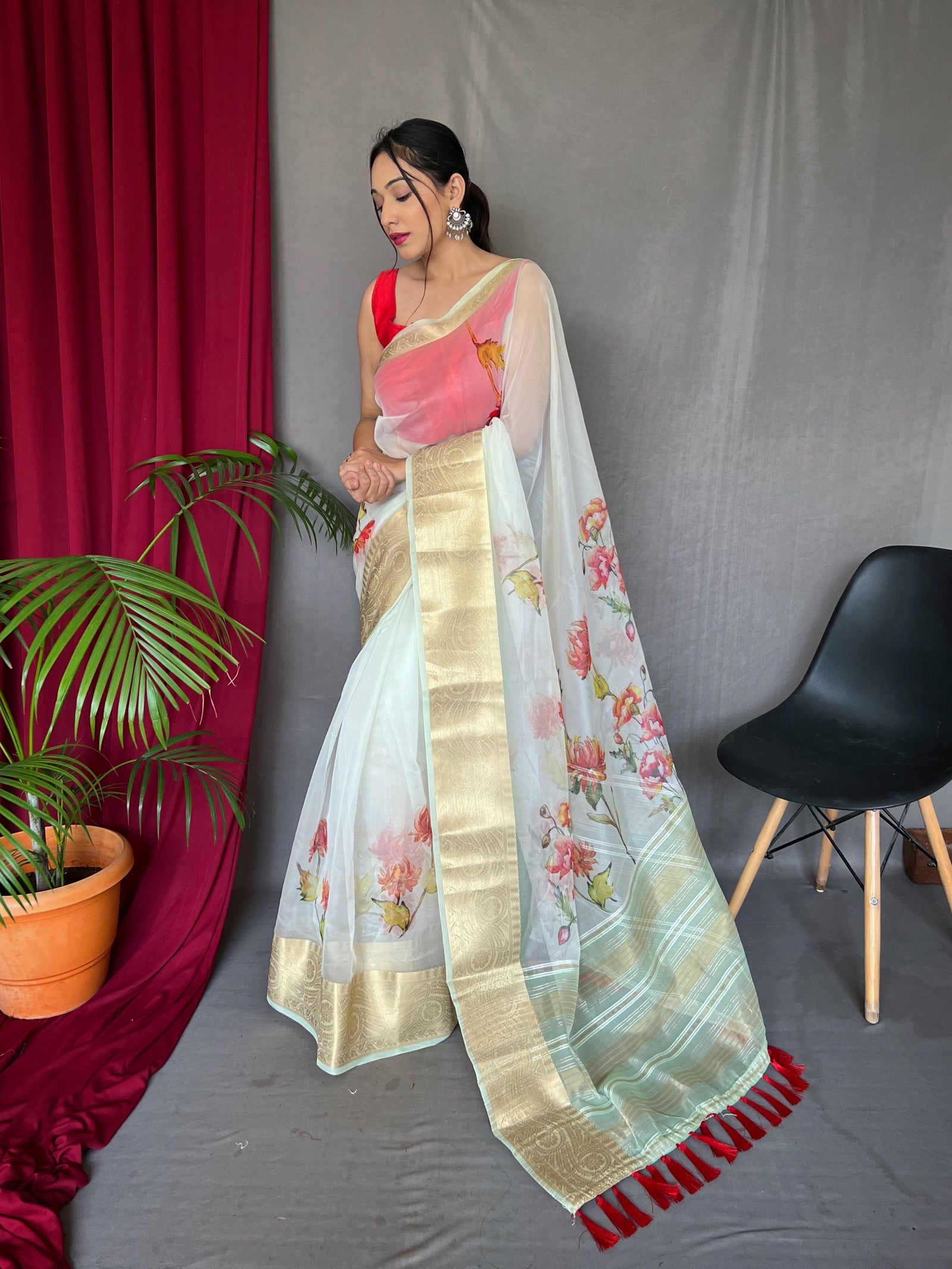 Organza Digital Floral Printed Saree Green Mist Clothsvilla