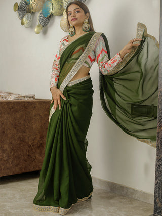 Mehendi Color Sequins & Thread Embroidery Lace Border Georgette Saree Clothsvilla