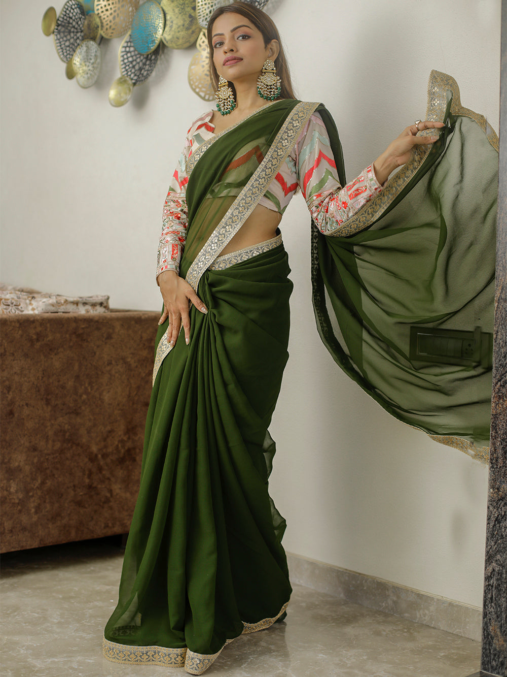 Mehendi Color Sequins & Thread Embroidery Lace Border Georgette Saree Clothsvilla