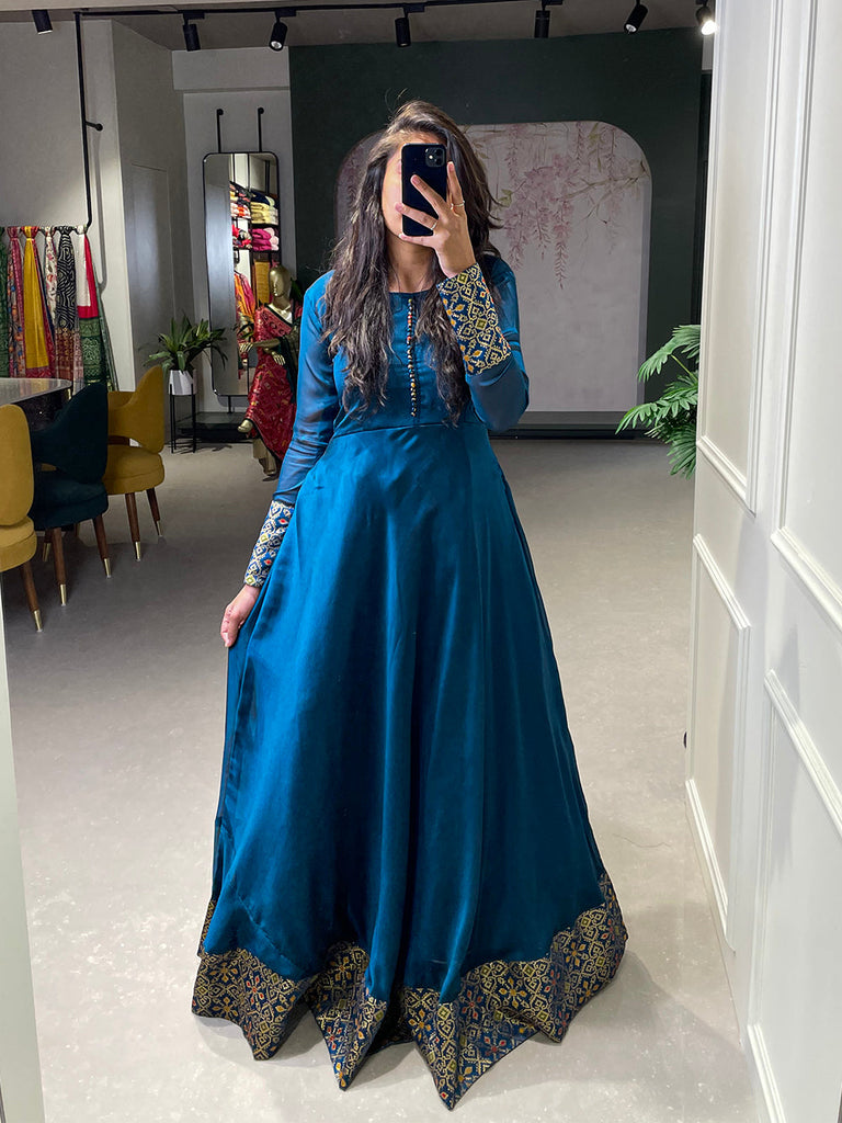 Firozi Color Weaving Work Rangoli Silk Gown Dress Clothsvilla