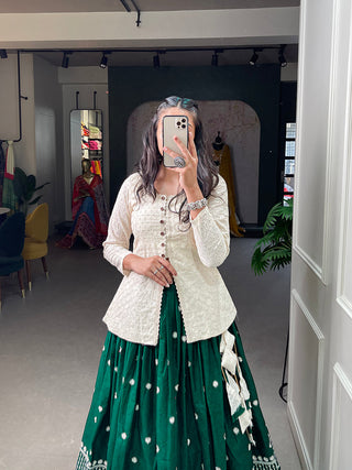 Green Color Sequins And Lucknowi Work Cotton Co-Ord Set Lehenga Choli ClothsVilla.com