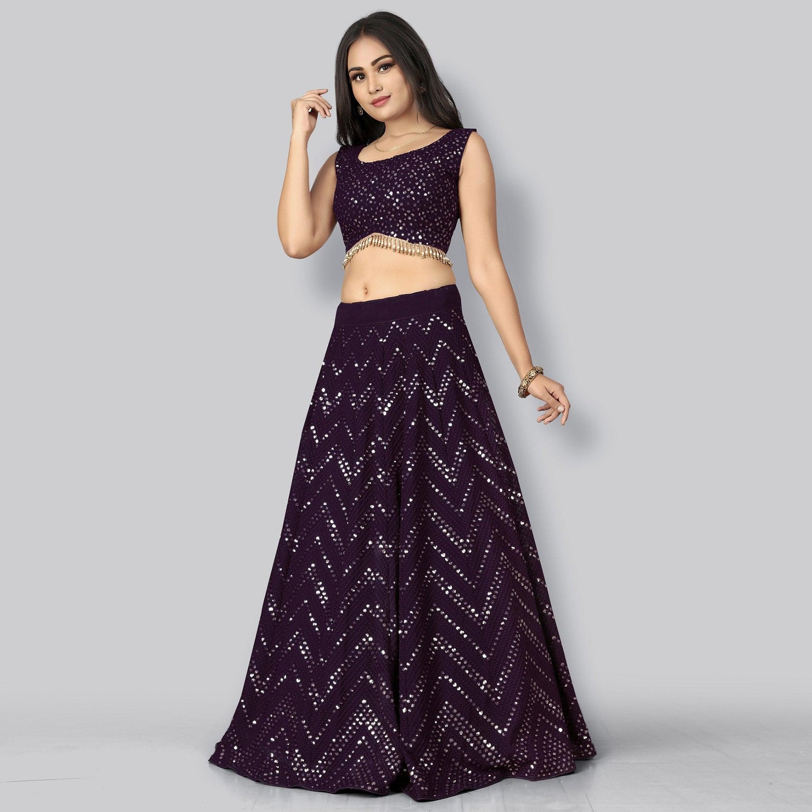 Plum Party Wear Sequins Embroidered Georgette Lehenga Choli Clothsvilla