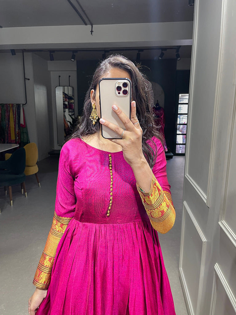 Pink Color Zari Weaving Work Narayan Pet Cotton Gown Clothsvilla