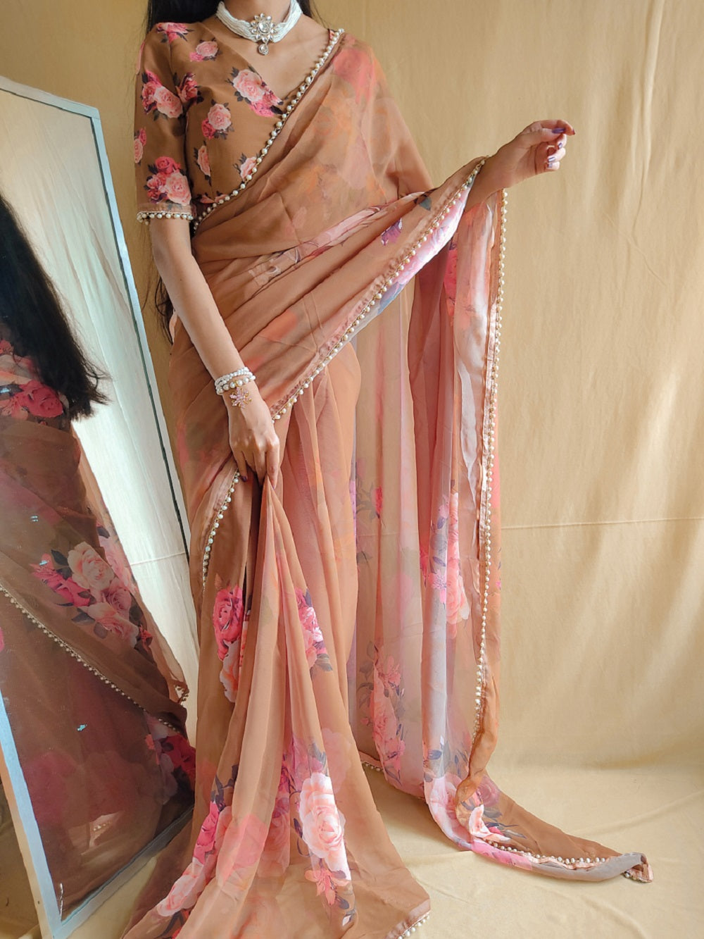 Brown Color Printed With Peral Lace Border Georgette Saree Clothsvilla