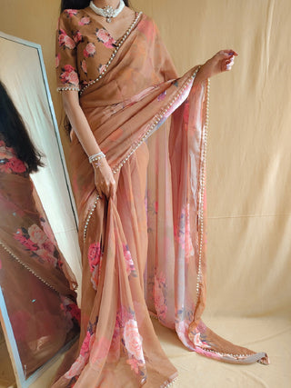 Brown Color Printed With Peral Lace Border Georgette Saree Clothsvilla