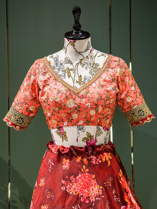 Red Color Floral Printed Organza Lehenga Choli Clothsvilla