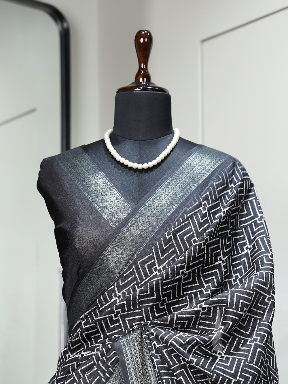 Black Color Printed With Zari Border Dola Silk Saree Clothsvilla