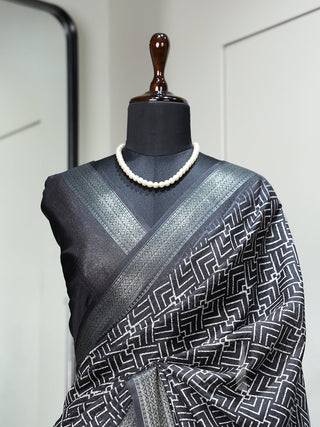 Black Color Printed With Zari Border Dola Silk Saree Clothsvilla