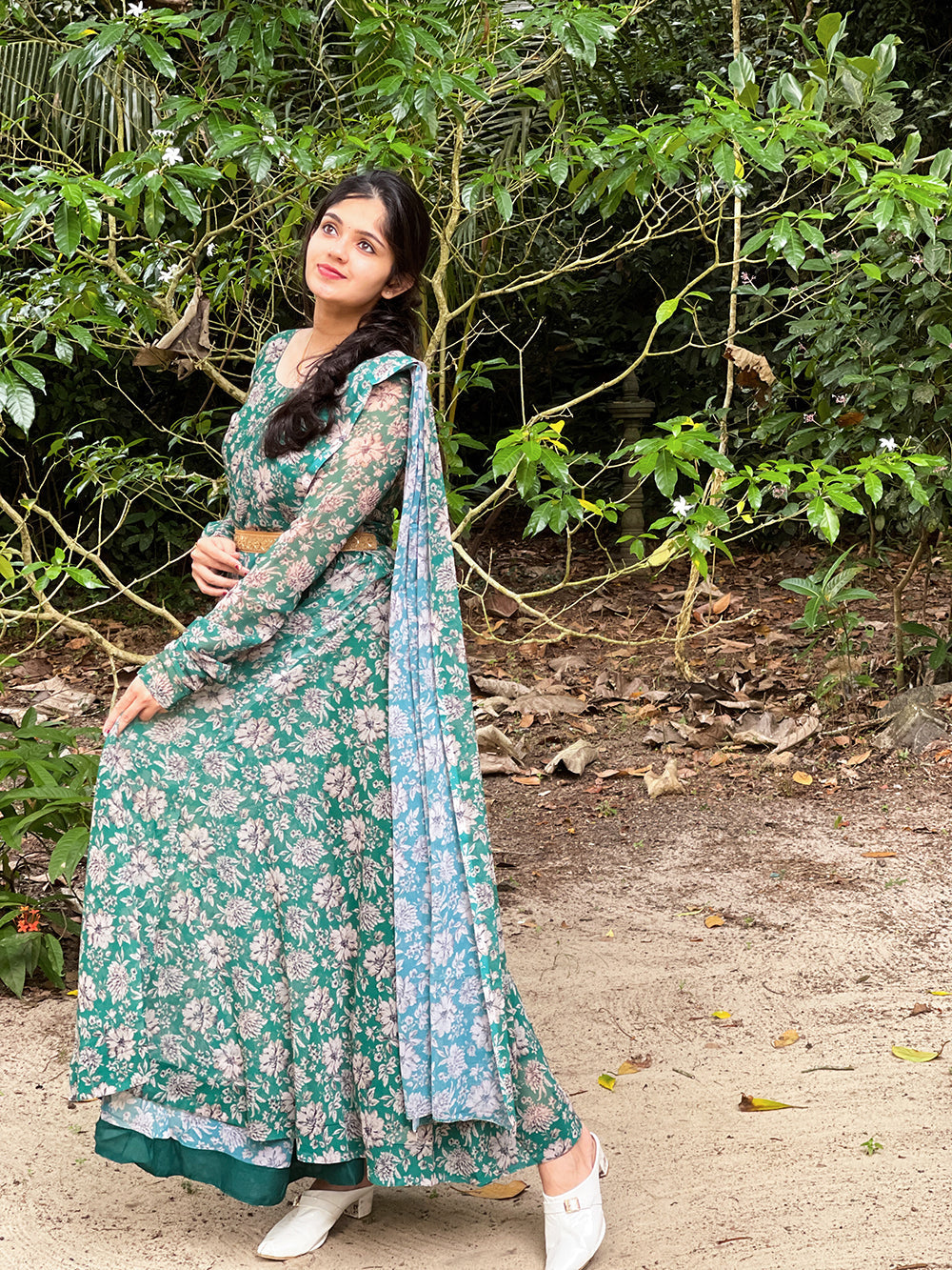 Green Color Digital Printed Georgette Gown Clothsvilla