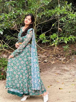 Green Color Digital Printed Georgette Gown Clothsvilla