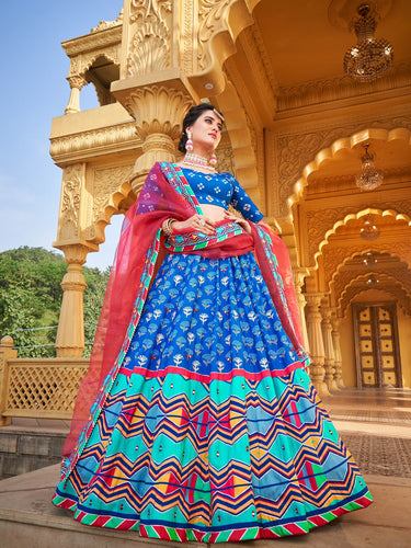 Blue Color Printed & Real Mirror With Gota Pati Work Vaishali Silk Lehenga Clothsvilla