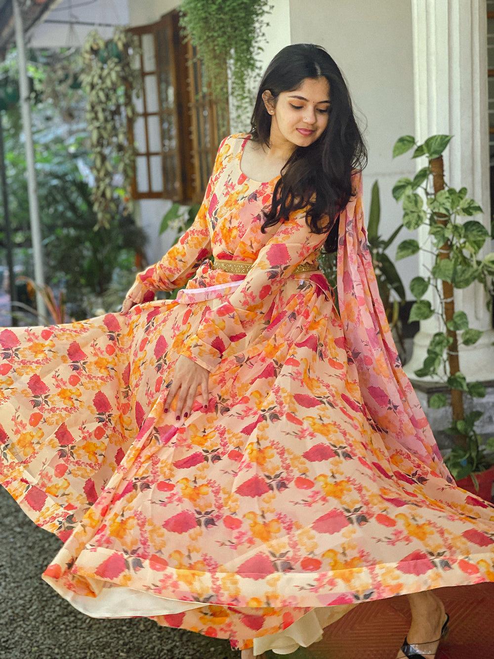 Orange Color Printed Georgette Gown Clothsvilla