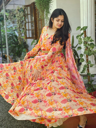 Orange Color Printed Georgette Gown Clothsvilla