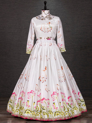 White Color Digital Printed Silk Lehenga Choli Set Clothsvilla