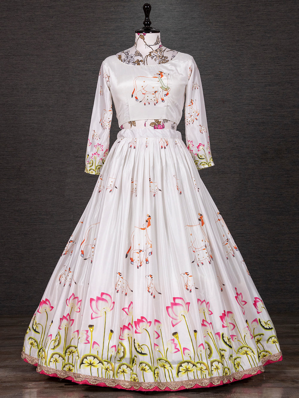 White Color Digital Printed Silk Lehenga Choli Set Clothsvilla