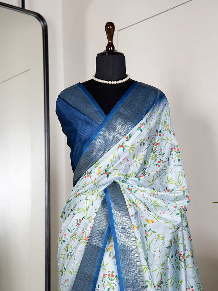 Sky Blue Color Printed With Zari Border Dola Silk Saree Clothsvilla