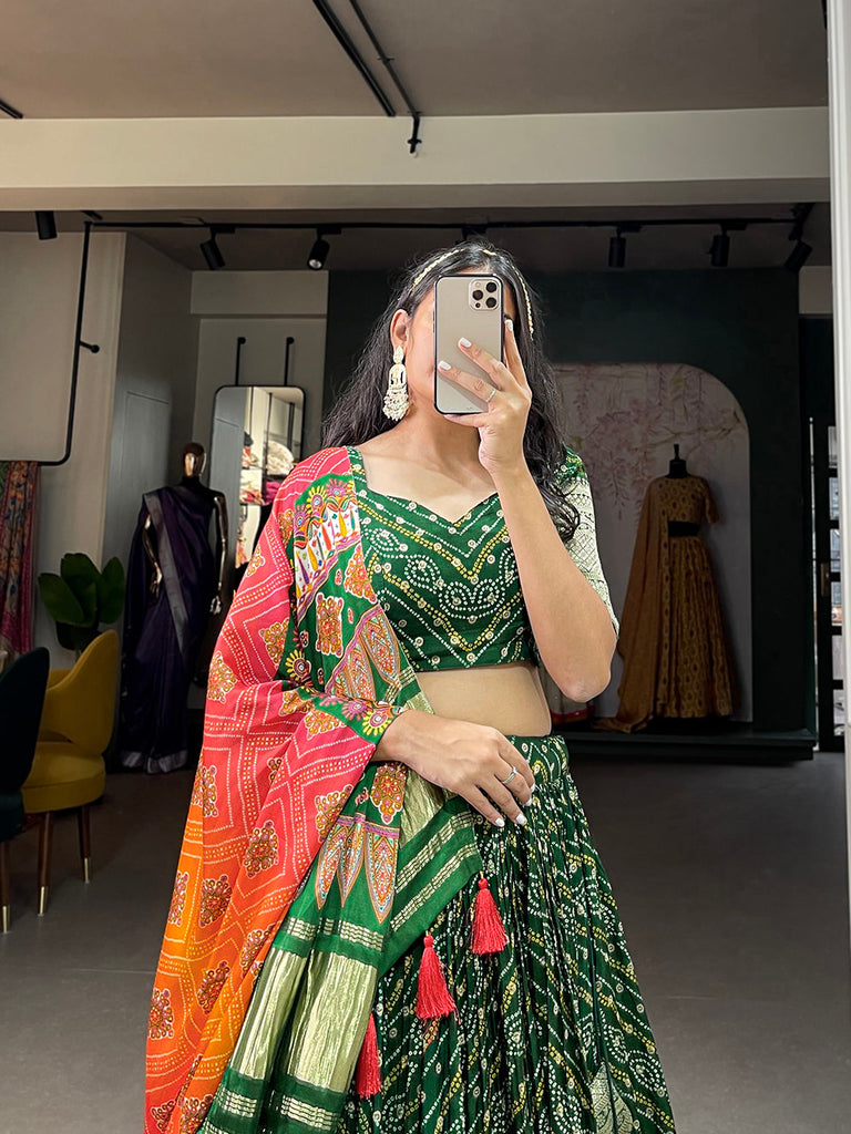 Green Color Printed With Zari Weaving Work Viscose Dola Silk Lehenga Choli Clothsvilla
