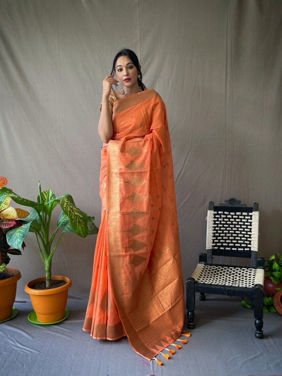 Pure Cotton Copper Woven Saree Dark Peach Clothsvilla