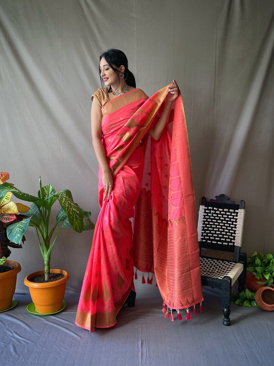 Pure Cotton Copper Woven Saree Dark Pink Clothsvilla