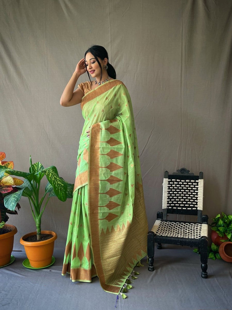 Pure Cotton Copper Woven Saree Pista Green Clothsvilla