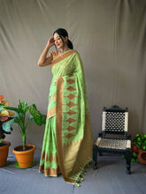 Load image into Gallery viewer, Pure Cotton Copper Woven Saree Pista Green Clothsvilla