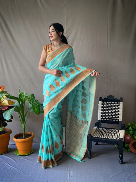 Pure jacquard Silk Sarees Sky Blue Colour, Party Wear