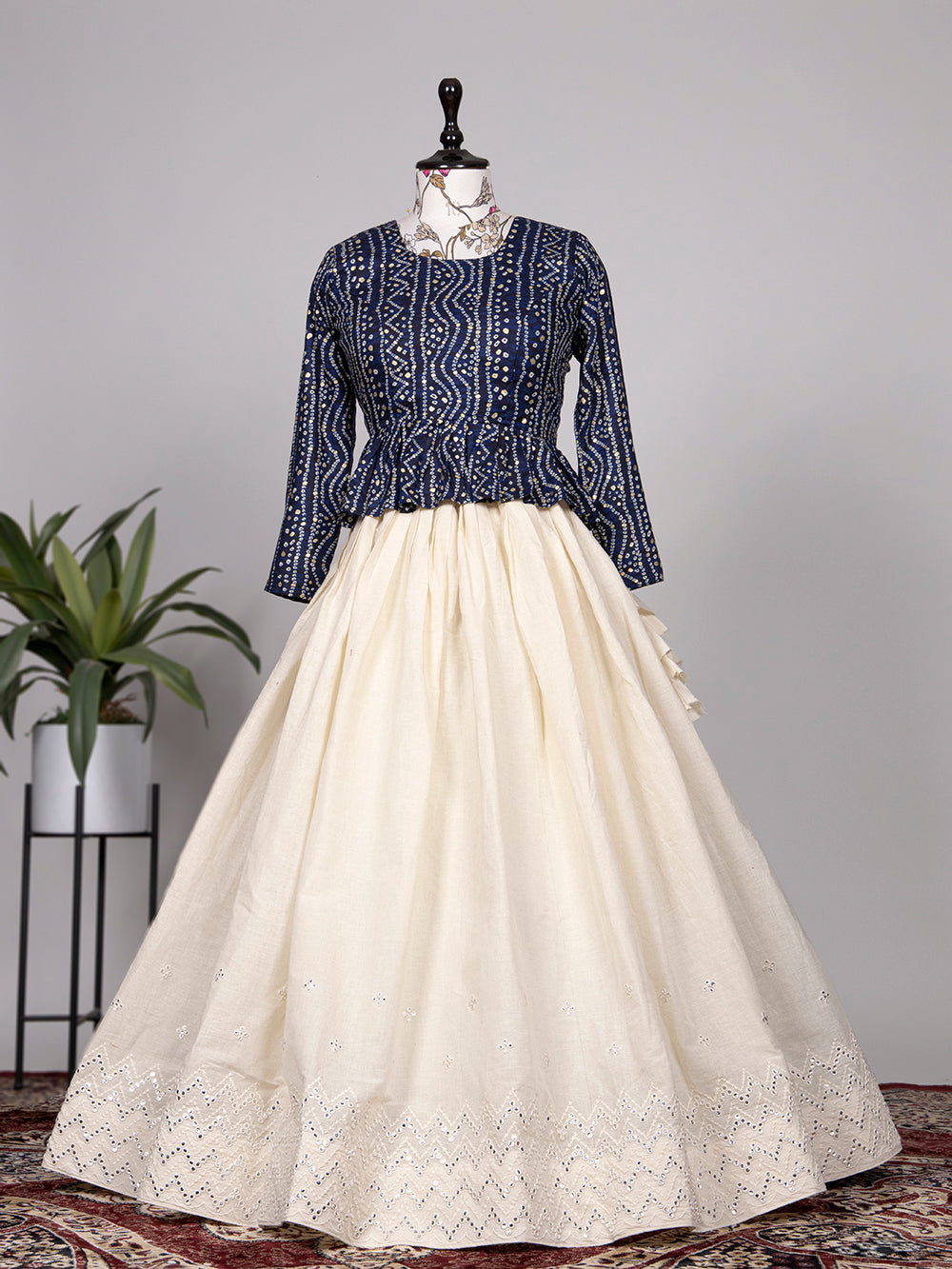 Off White Color Paper Mirror & Thread Work Pure Cotton Co-ord Set Lehenga Clothsvilla