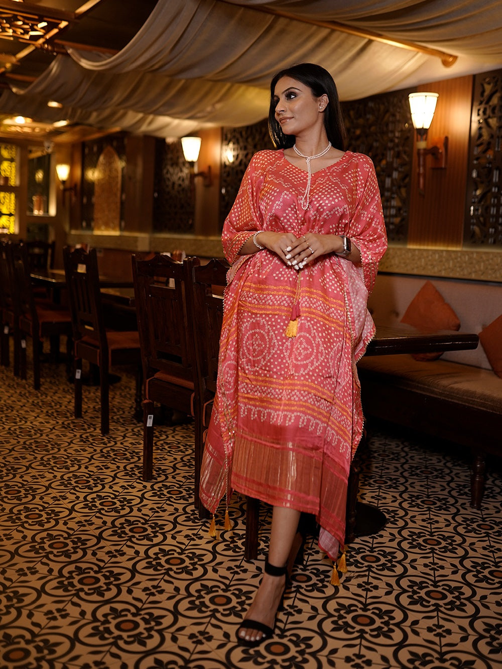 Pink Color Bandhani Printed Pure Gaji Silk Kaftan Clothsvilla