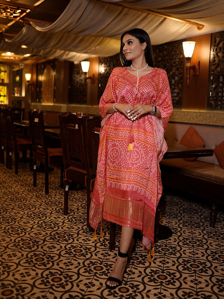 Pink Color Bandhani Printed Pure Gaji Silk Kaftan Clothsvilla
