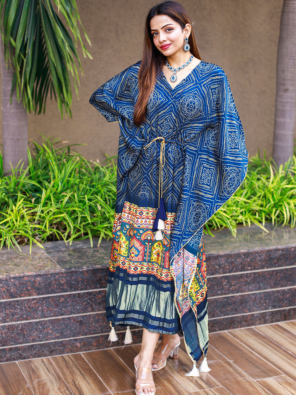 Blue Color Digital Bandhej Print Pure Gaji Silk Kaftan Clothsvilla
