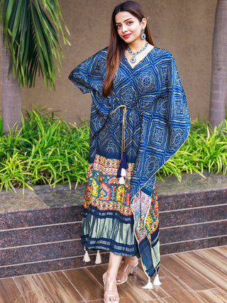 Blue Color Digital Bandhej Print Pure Gaji Silk Kaftan Clothsvilla