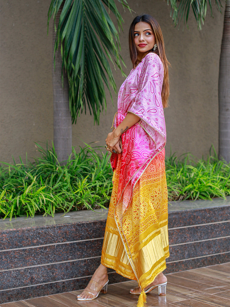 Multi Color Digital Bandhej Print Pure Gaji Silk Kaftan Clothsvilla