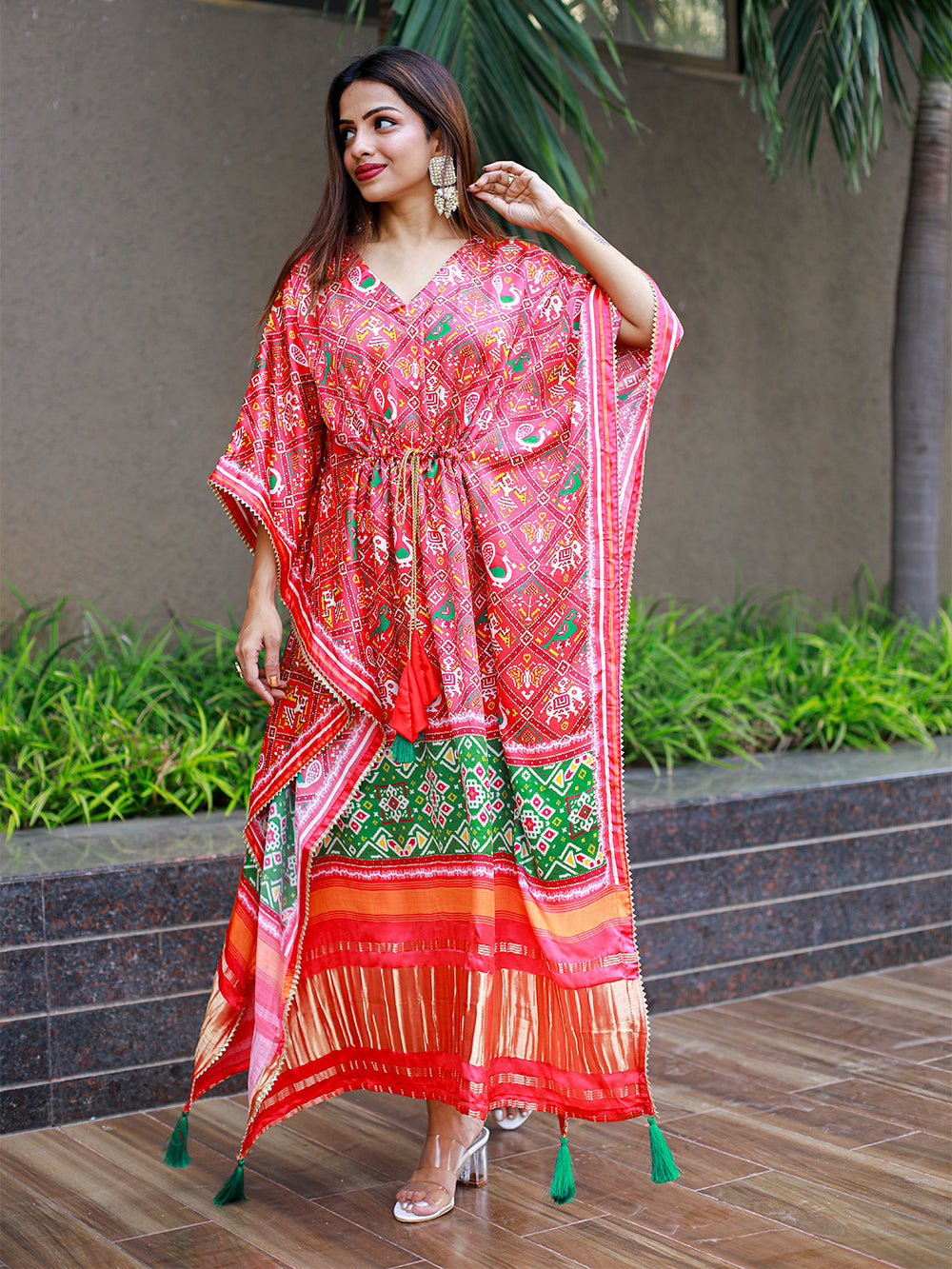 Red Color Digital Bandhej Print Pure Gaji Silk Kaftan Clothsvilla