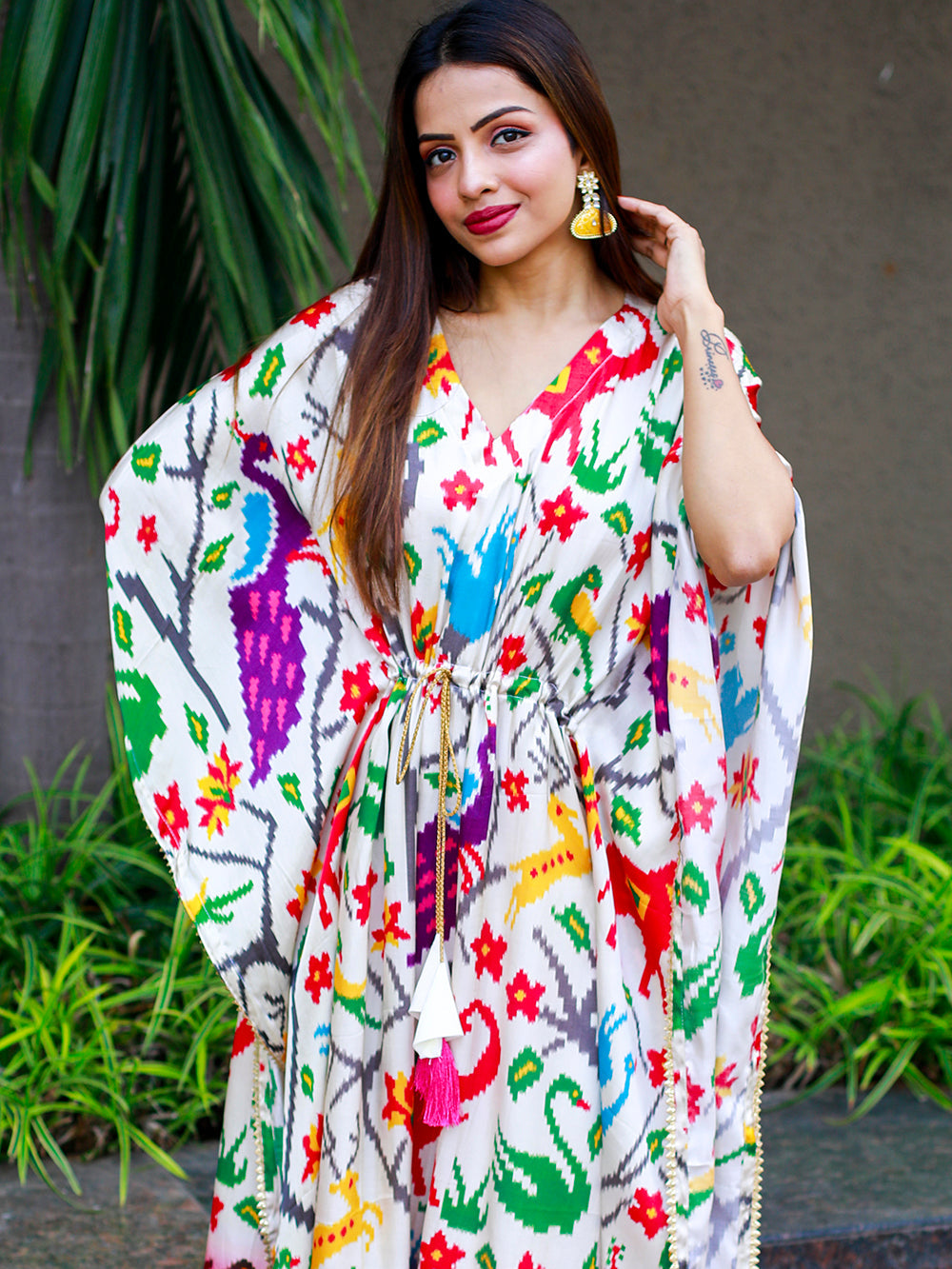 White Color Digital Bandhej Print Pure Gaji Silk Kaftan Clothsvilla