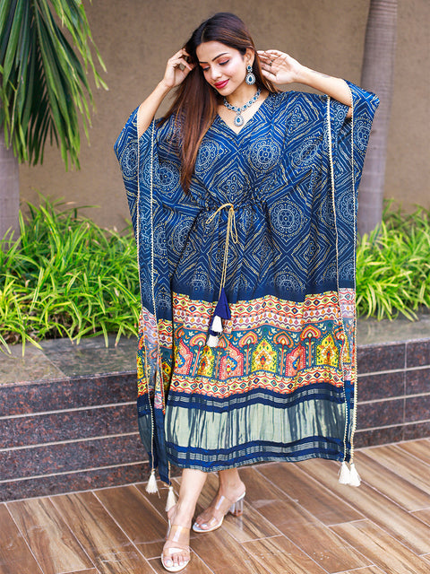 Blue Color Digital Bandhej Print Pure Gaji Silk Kaftan Clothsvilla Main image