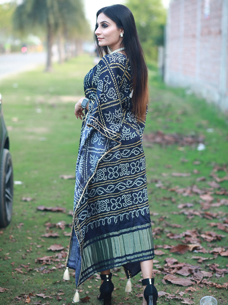 Navy Blue Color Bandhani Printed Pure Gaji Silk Kaftan Clothsvilla