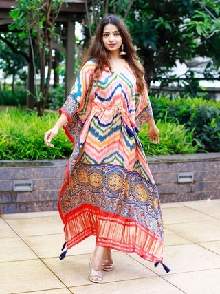 Multi Color Digital bandhej Printed Pure Gaji Silk Kaftan Clothsvilla