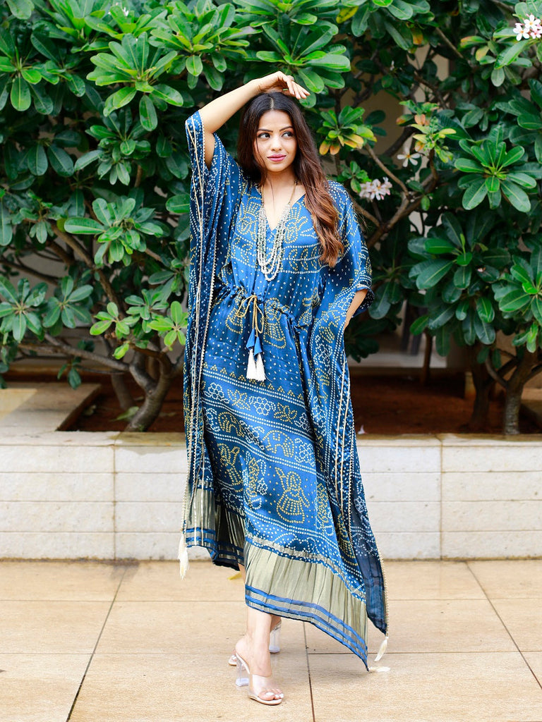 Navy Blue Color Digital Bandhej Printed Pure Gaji Silk Kaftan Clothsvilla