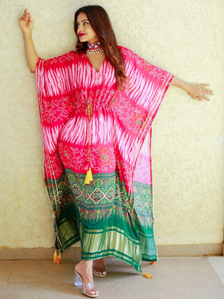 Pink Color Digital bandhej Printed Pure Gaji Silk Kaftan Dress Clothsvilla