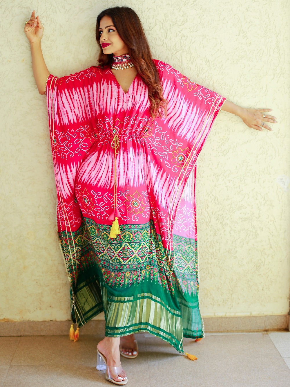 Pink Color Digital bandhej Printed Pure Gaji Silk Kaftan Dress Clothsvilla