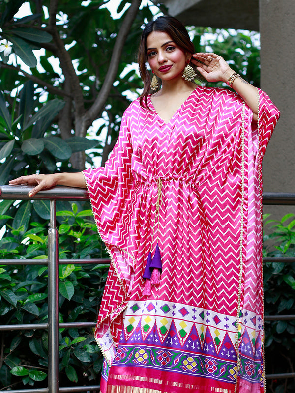 Pink & White Color Digital Print Pure Gaji Silk Kaftan Clothsvilla