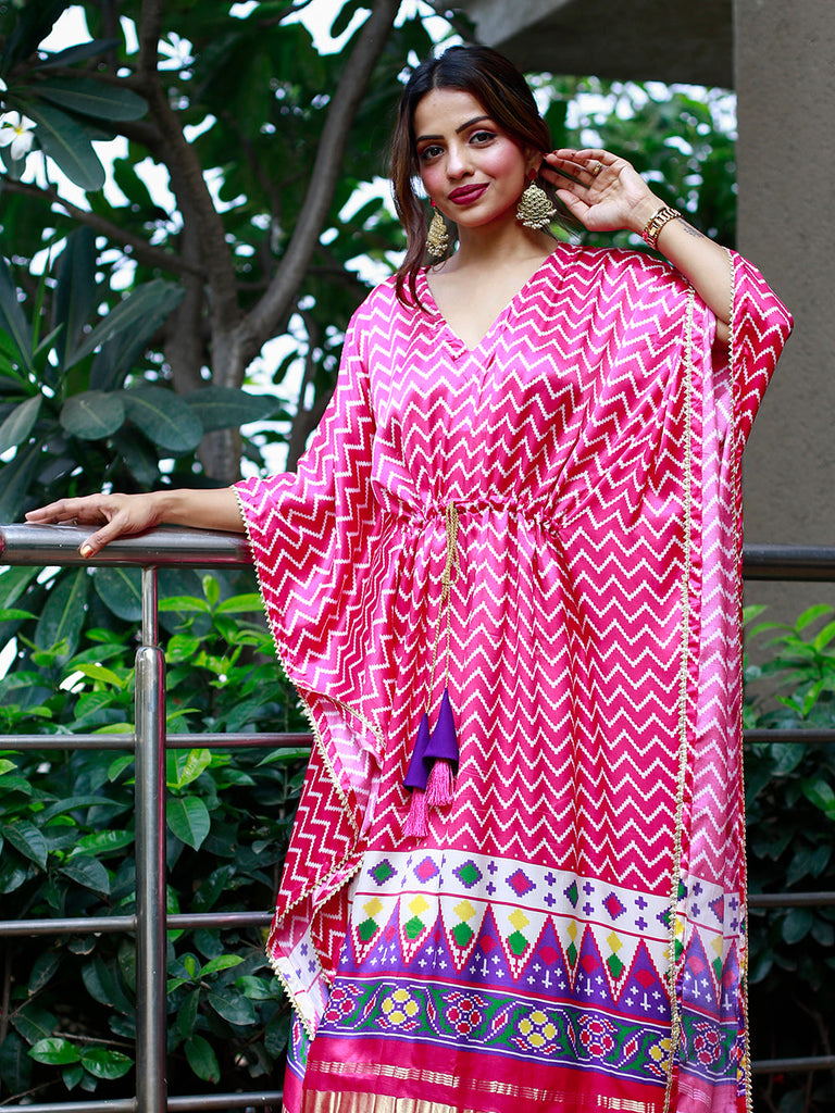 Pink & White Color Digital Print Pure Gaji Silk Kaftan Clothsvilla